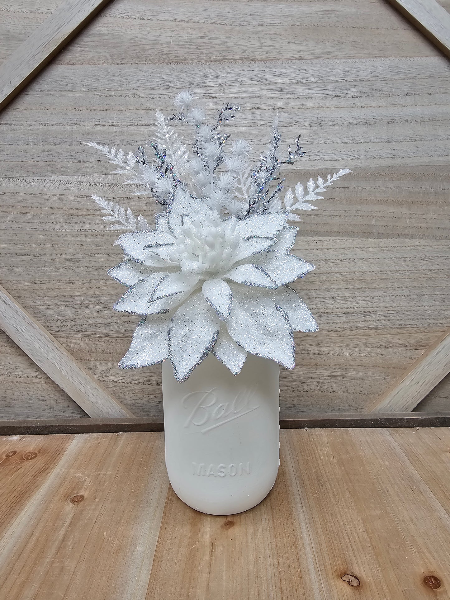 White Ice Poinsettia Mason Jar Centerpiece - Free Shipping