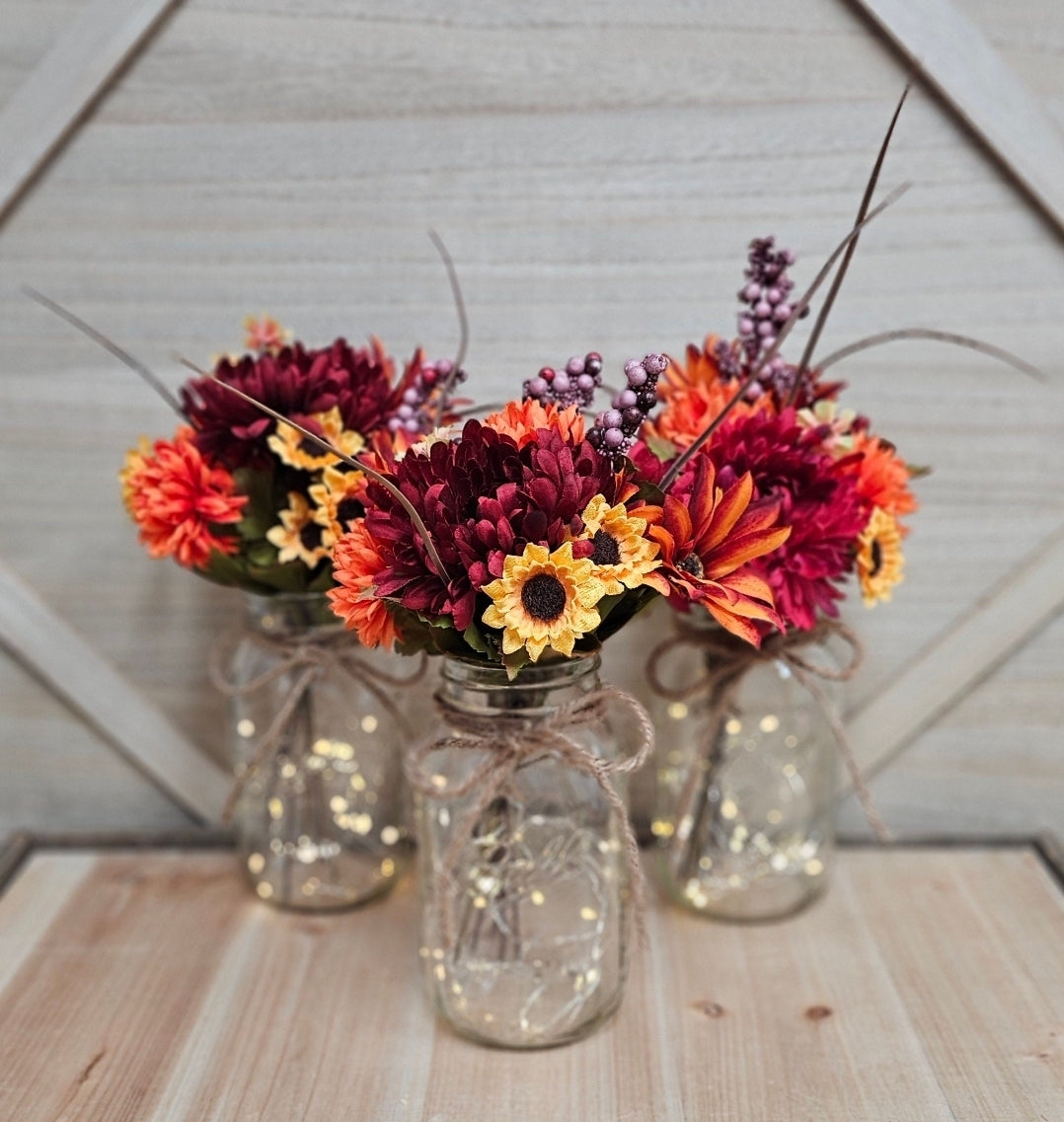 Single Fall Floral Lighted Mason Jar Centerpiece