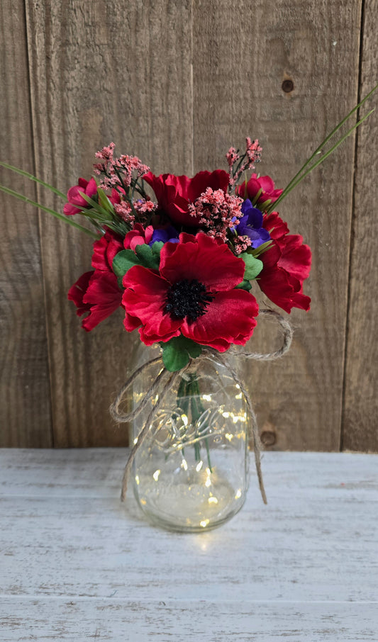 Red Poppy & Wildflower Lighted Mason Jar Centerpiece