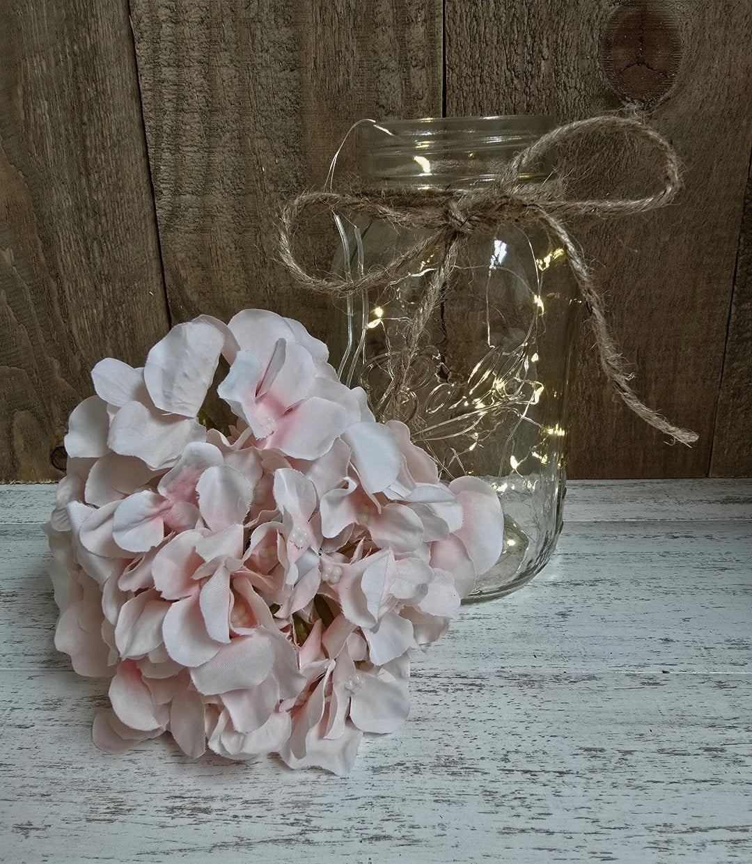 Light Pink Silk Hydrangea Lighted Mason Jar Centerpiece