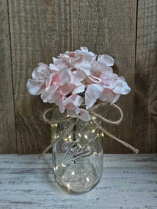 Light Pink Silk Hydrangea Lighted Mason Jar Centerpiece