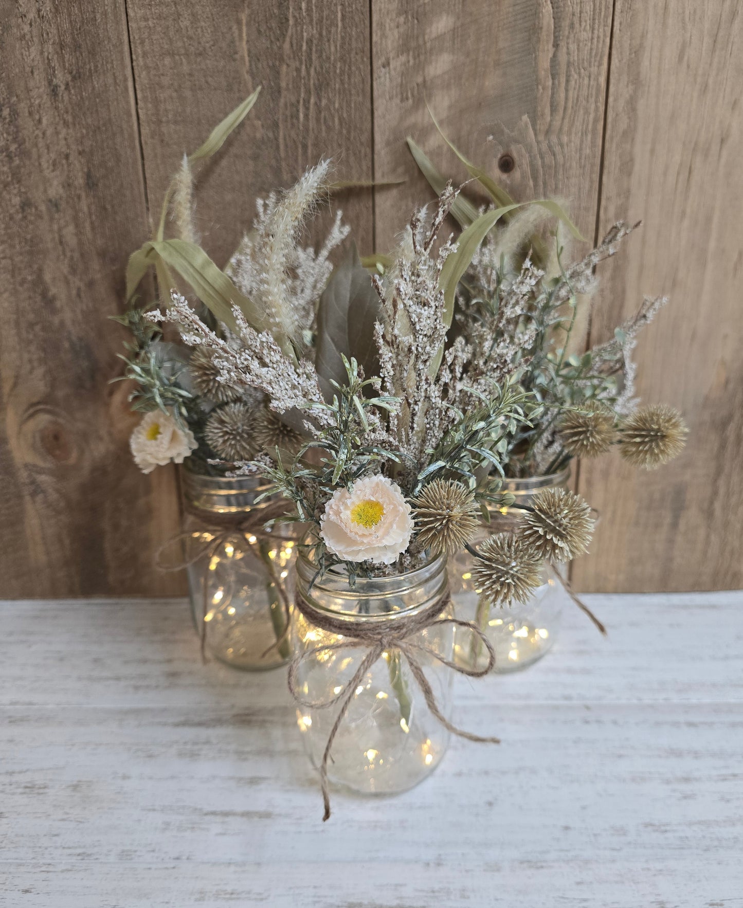 Faux Beige & Wild Grass Lighted Pint Mason Jar Centerpiece