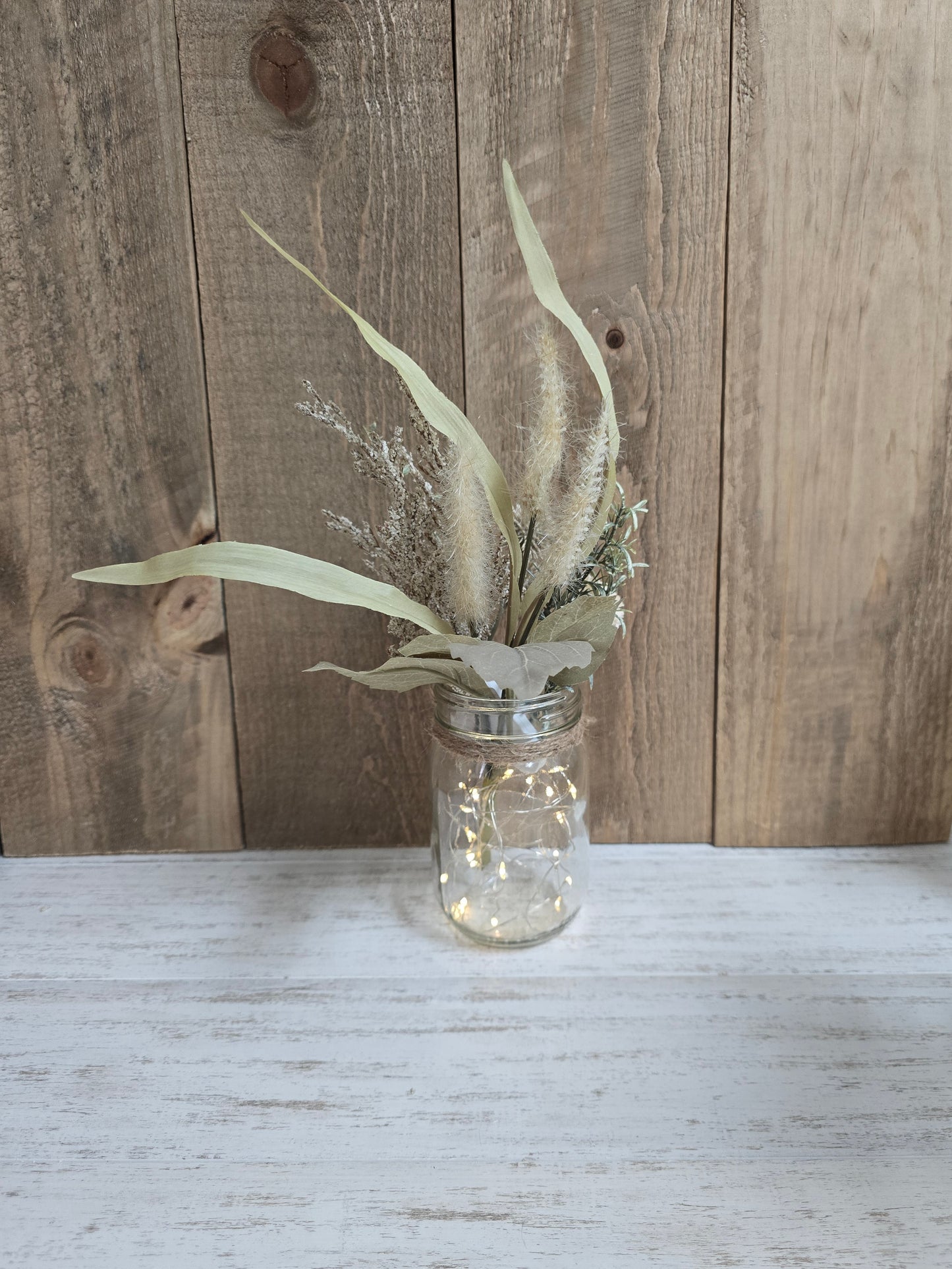 Faux Beige & Wild Grass Lighted Pint Mason Jar Centerpiece