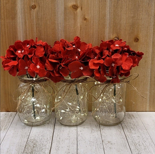 Red Silk Hydrangea Lighted Mason Jar Centerpiece