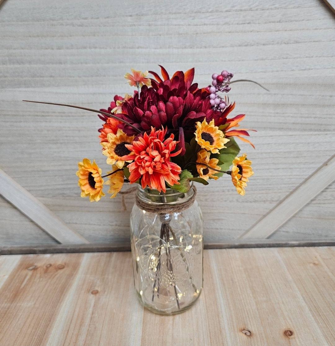 Single Fall Floral Lighted Mason Jar Centerpiece