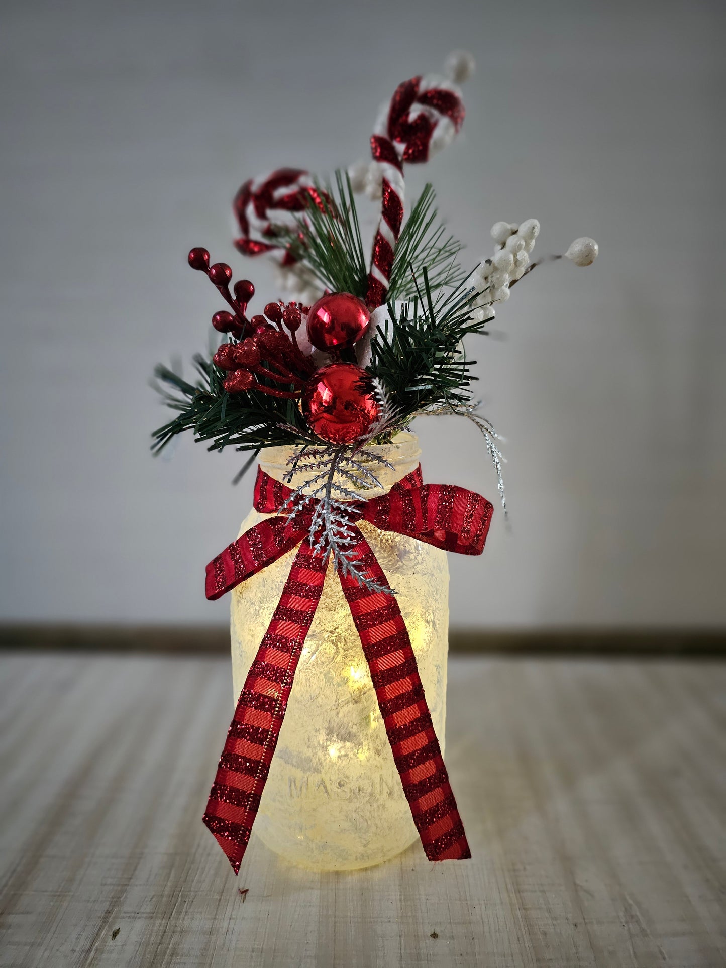 Classic Red & White Christmas Lighted Mason Jar Centerpiece - Free Shipping