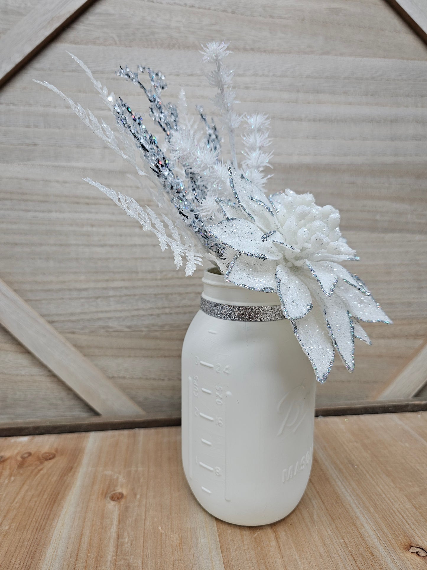 White Ice Poinsettia Mason Jar Centerpiece - Free Shipping