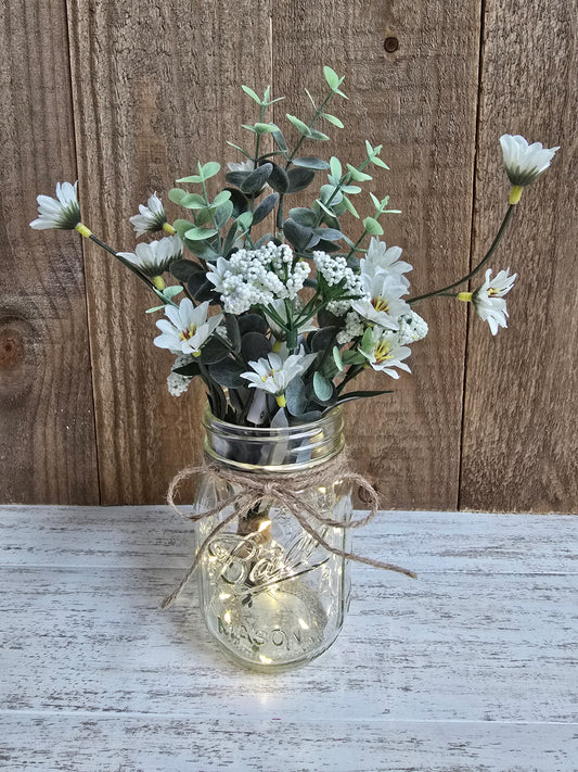 Wild Daisies & Eucalyptus Lighted Mason Jar Centerpiece