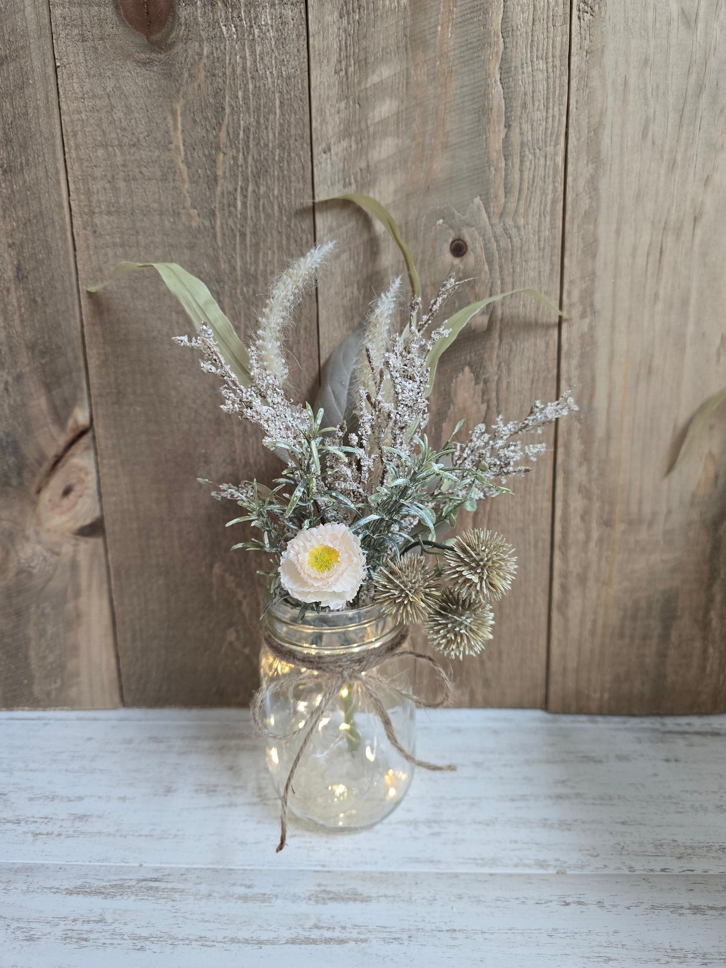 Faux Beige & Wild Grass Lighted Pint Mason Jar Centerpiece