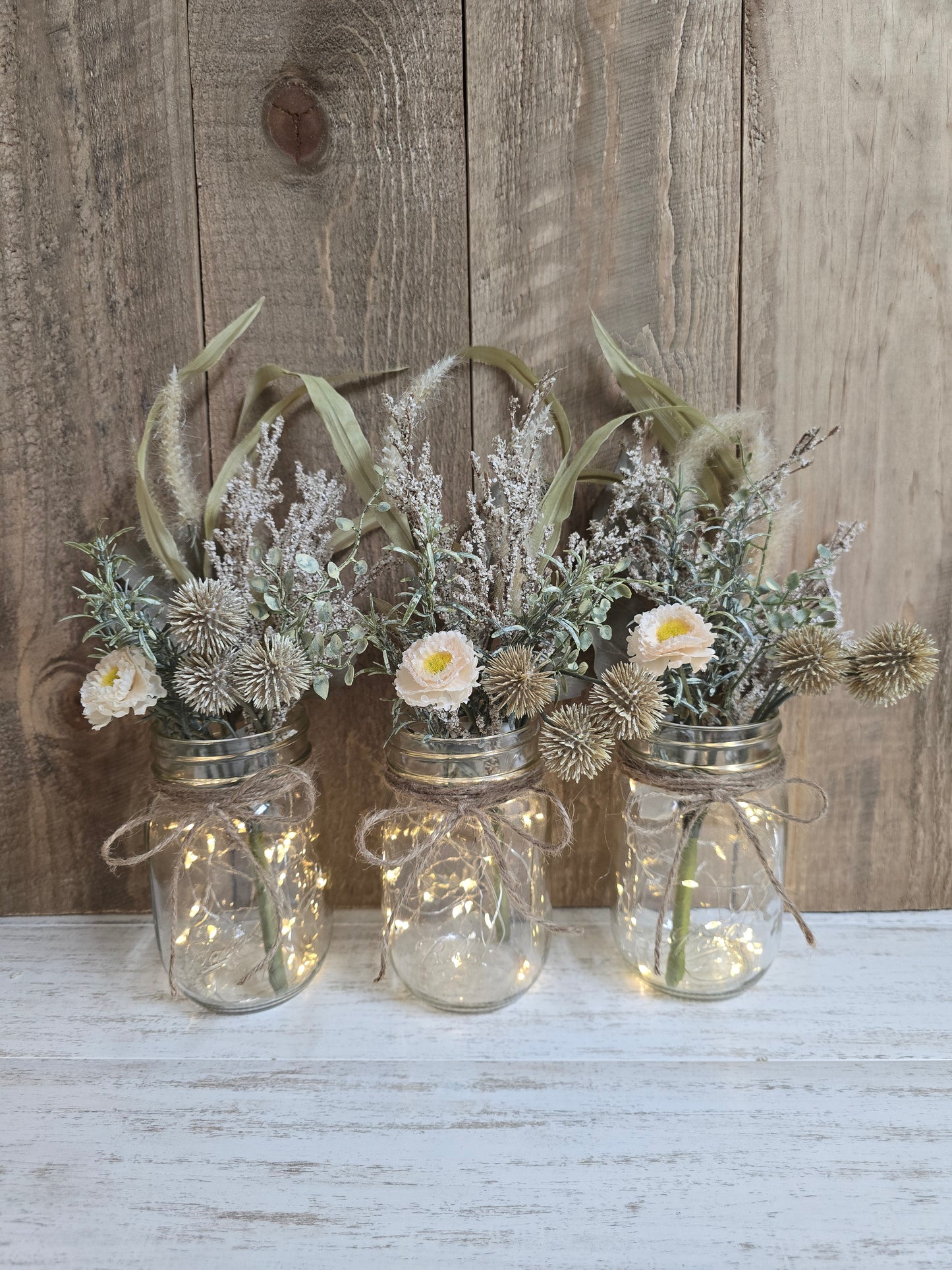 Faux Beige & Wild Grass Lighted Pint Mason Jar Centerpiece