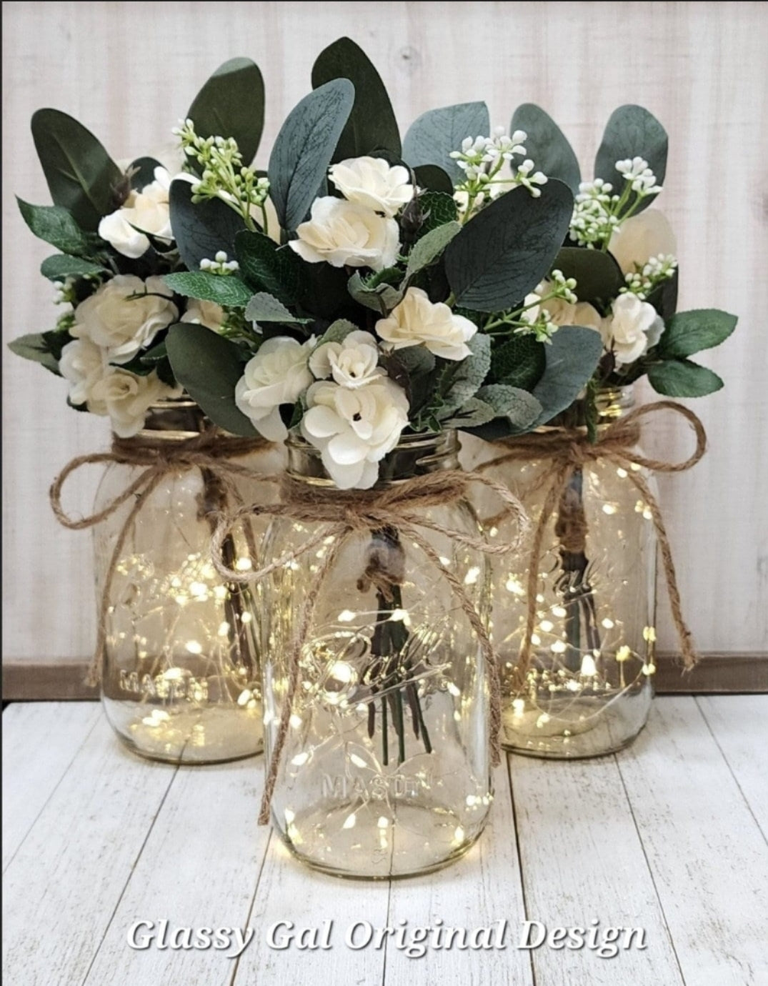 3 pc Ivory Rose and Eucalyptus Lighted Mason Jar Centerpiece Set - Free Shipping